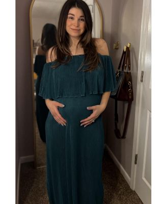 Maternity Forest Green Pleated Ruffle Off Shoulder Maxi Dress