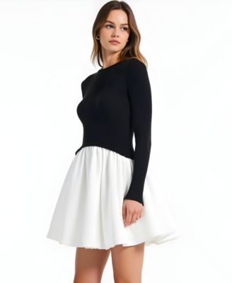 Women's Ribbed Long-Sleeve Fit-and-Flare Mini Dress