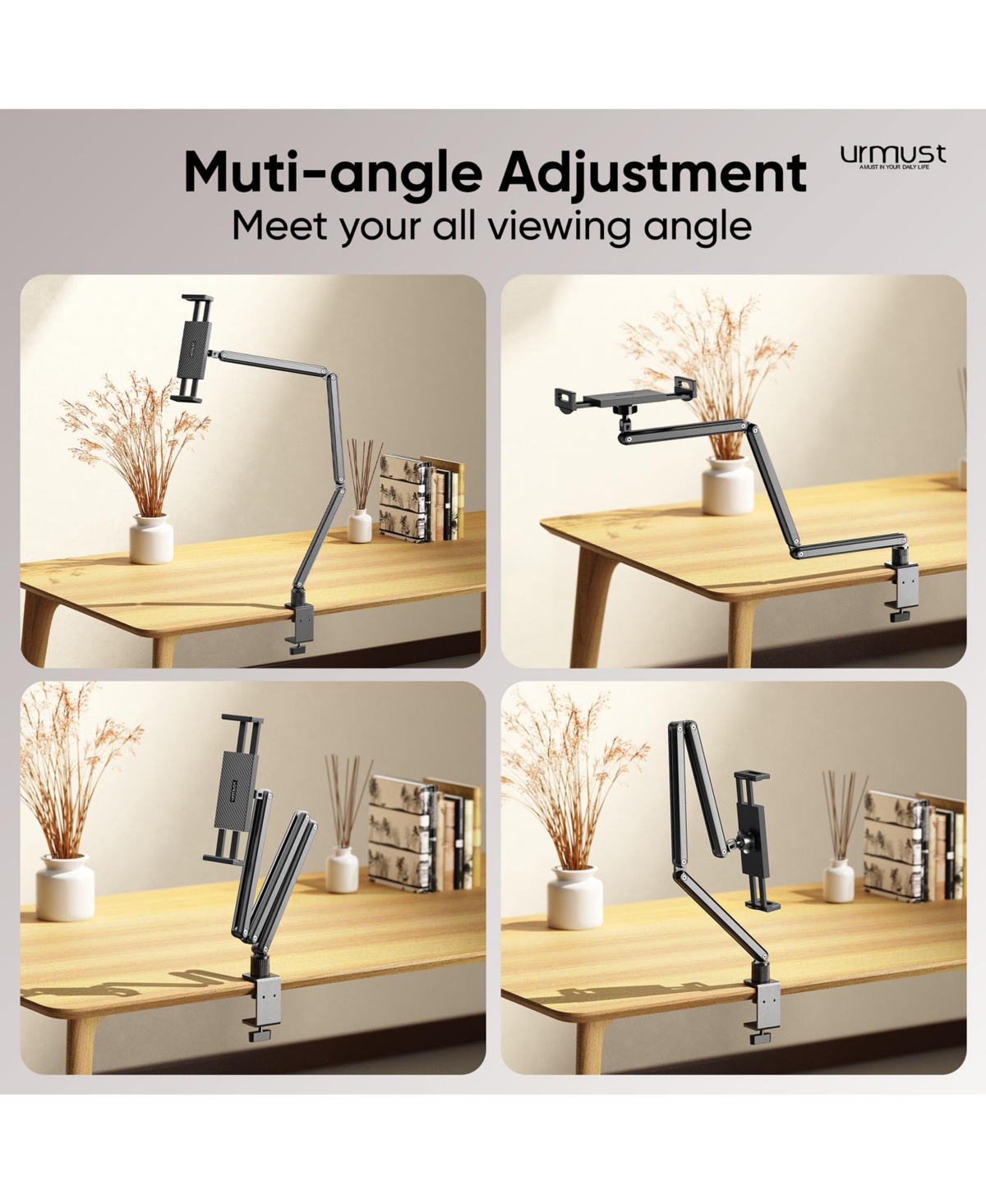 Urmust Tablet Stand for Desk, Adjustable iPad Holder Clamp Mount, 360° Rotation, Sturdy Aluminum Tablet Arm Mount for 4.7"-13" Device
