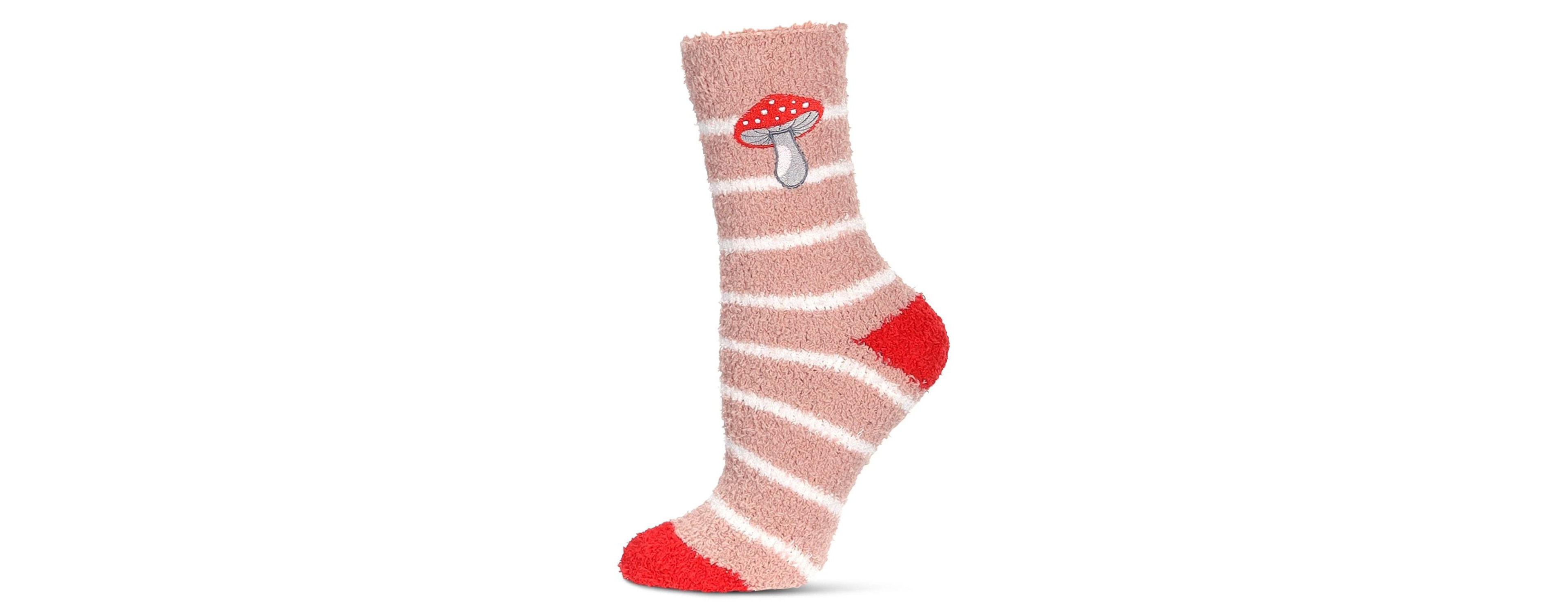 MeMoi Women's Striped Mushroom Embroidery Cozy Crew Socks