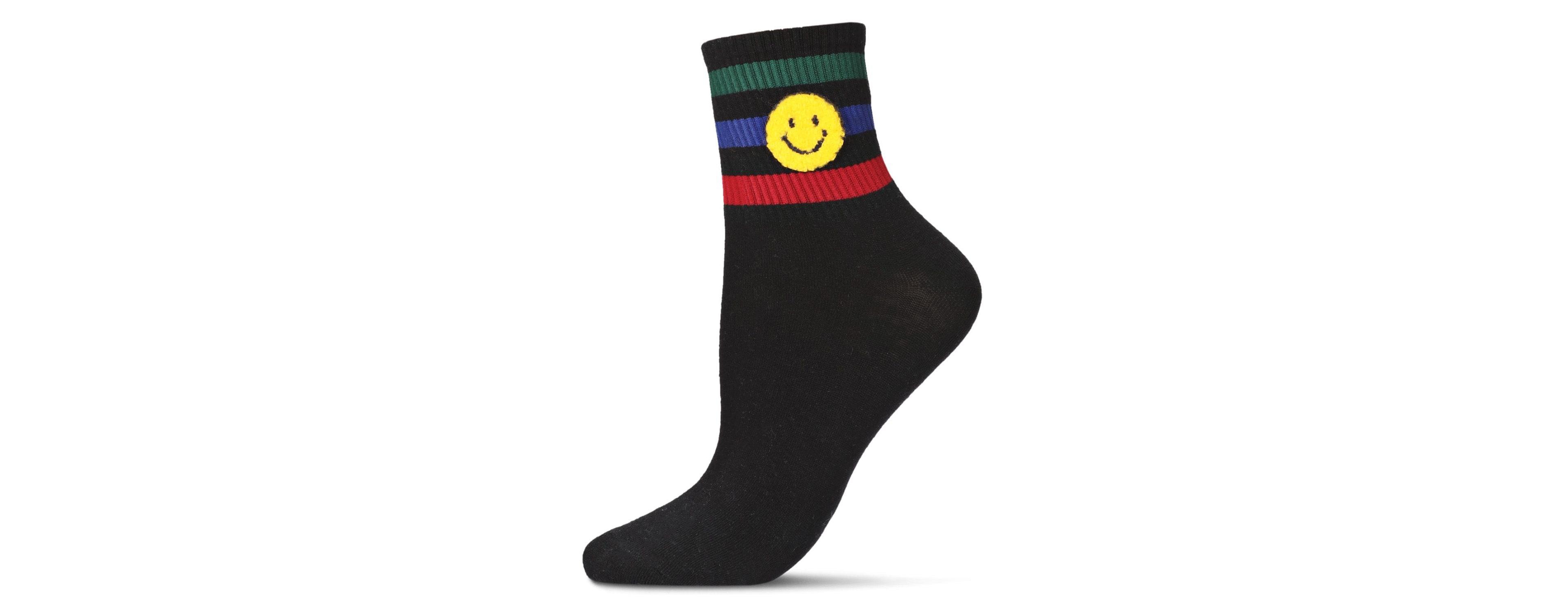 MeMoi Women's Smiley Terry Patch Stripe Crew Socks