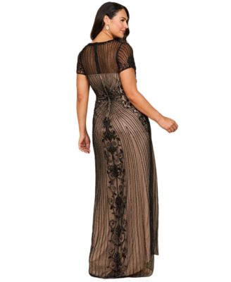 Women's Beaded Cap Sleeve Illusion Plunge Gown