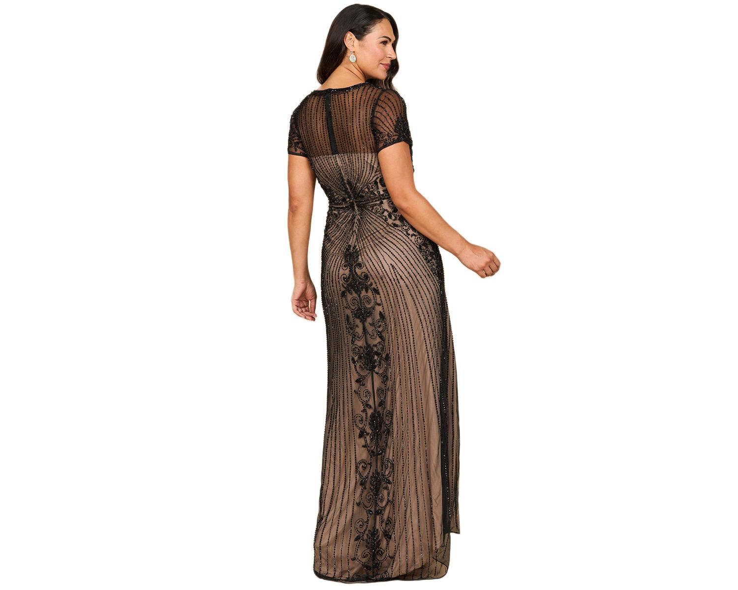 Women's Beaded Cap Sleeve Illusion Plunge Gown