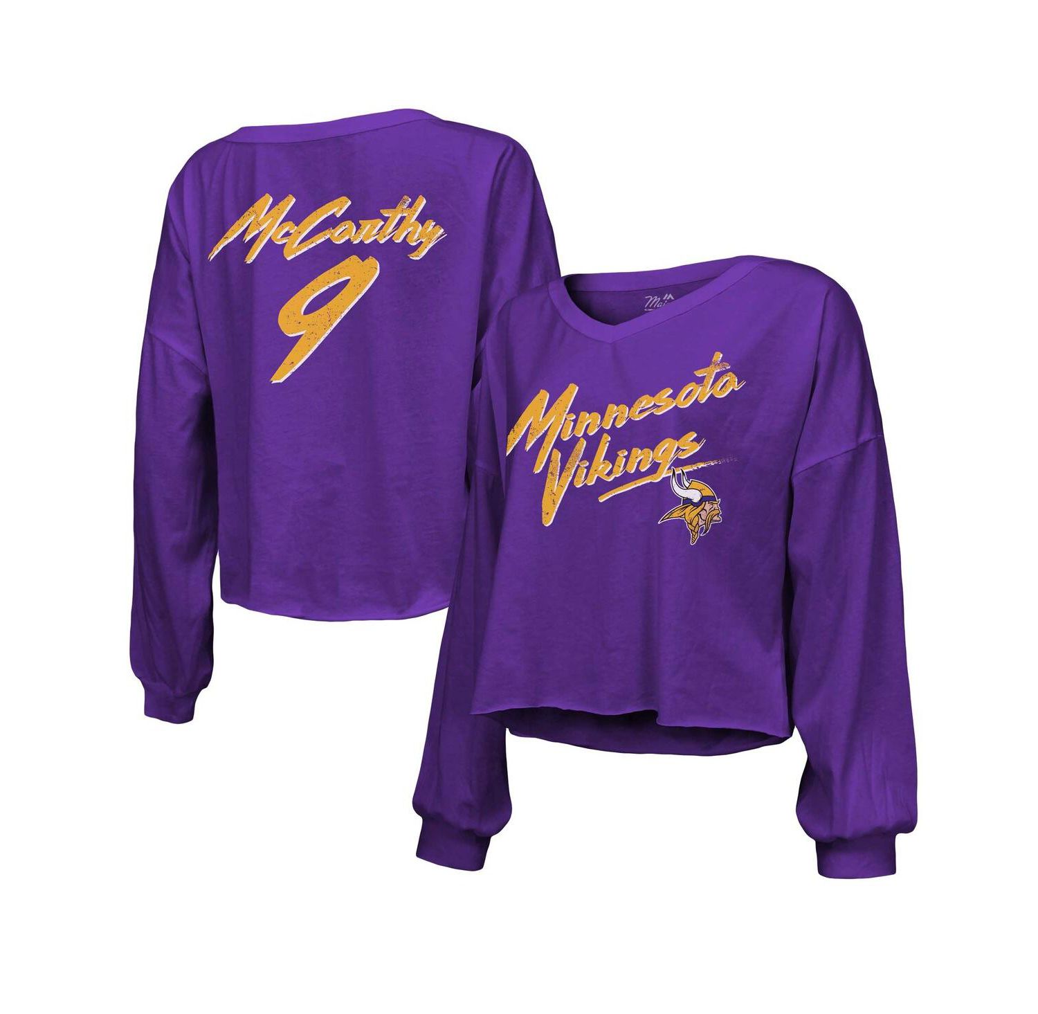 Women's J.J. McCarthy Purple Minnesota Vikings Name & Number Off-Shoulder Script Cropped Long Sleeve V-Neck T-Shirt