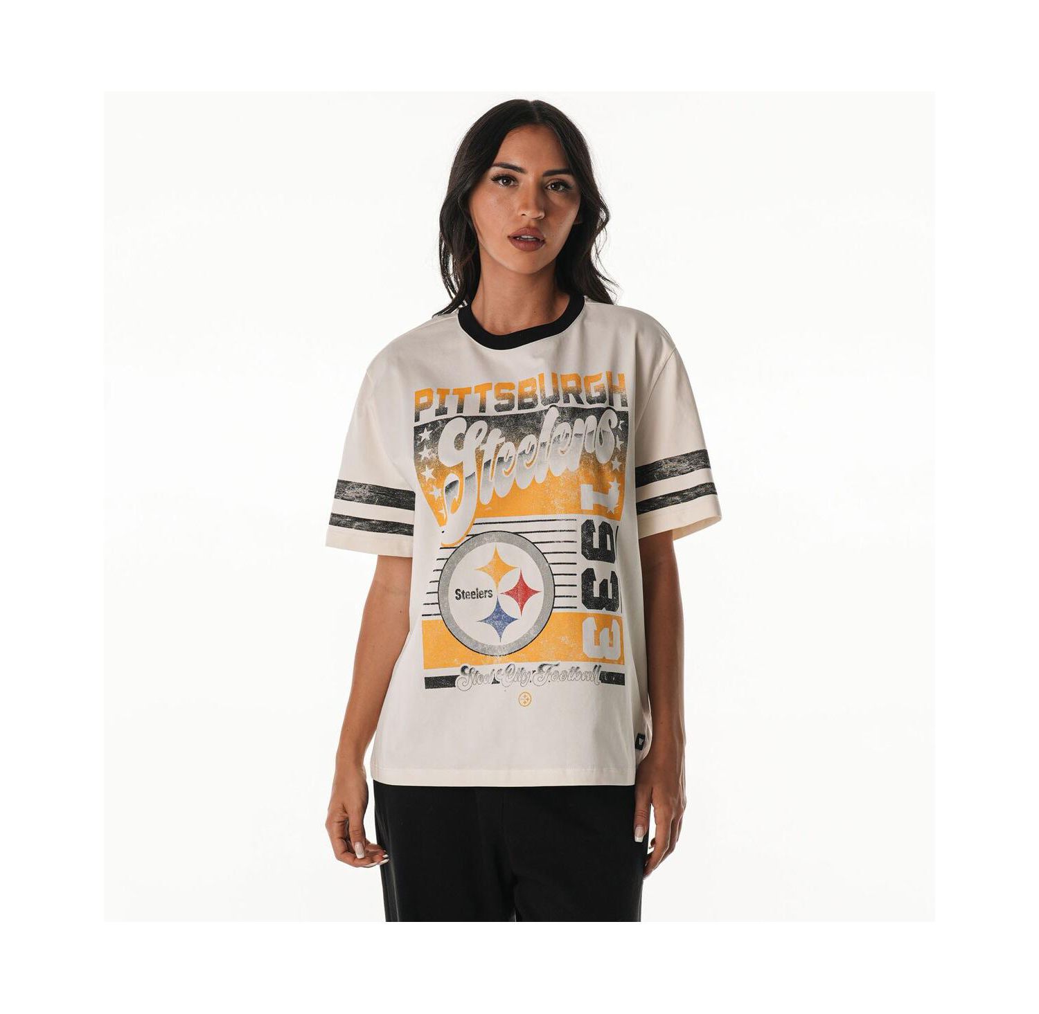 Women's Cream Pittsburgh Steelers Vintage Drop Shoulder Oversized Boyfriend T-Shirt