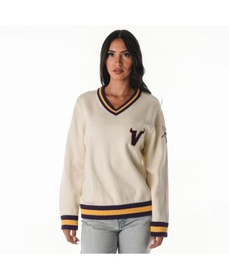 The Wild Collective - Women's Cream Minnesota Vikings Jacquard V-Neck Sweater