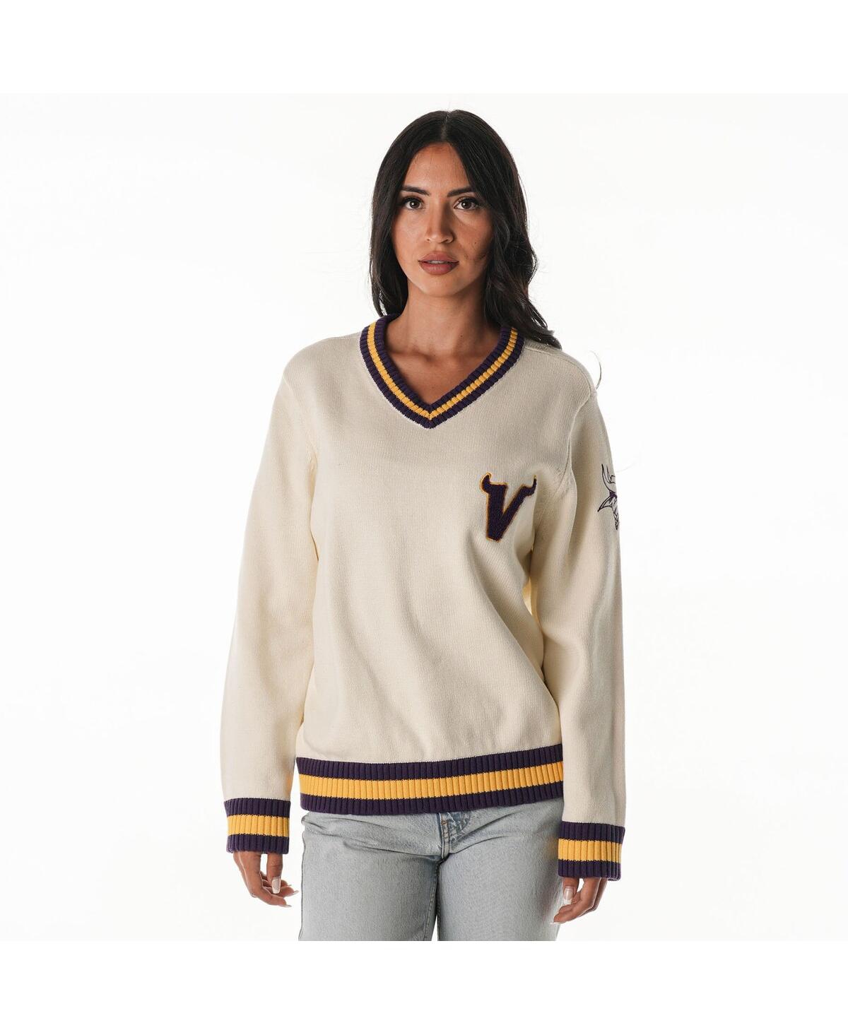 The Wild Collective Women's Cream Minnesota Vikings Jacquard V-neck Sweater In Multi