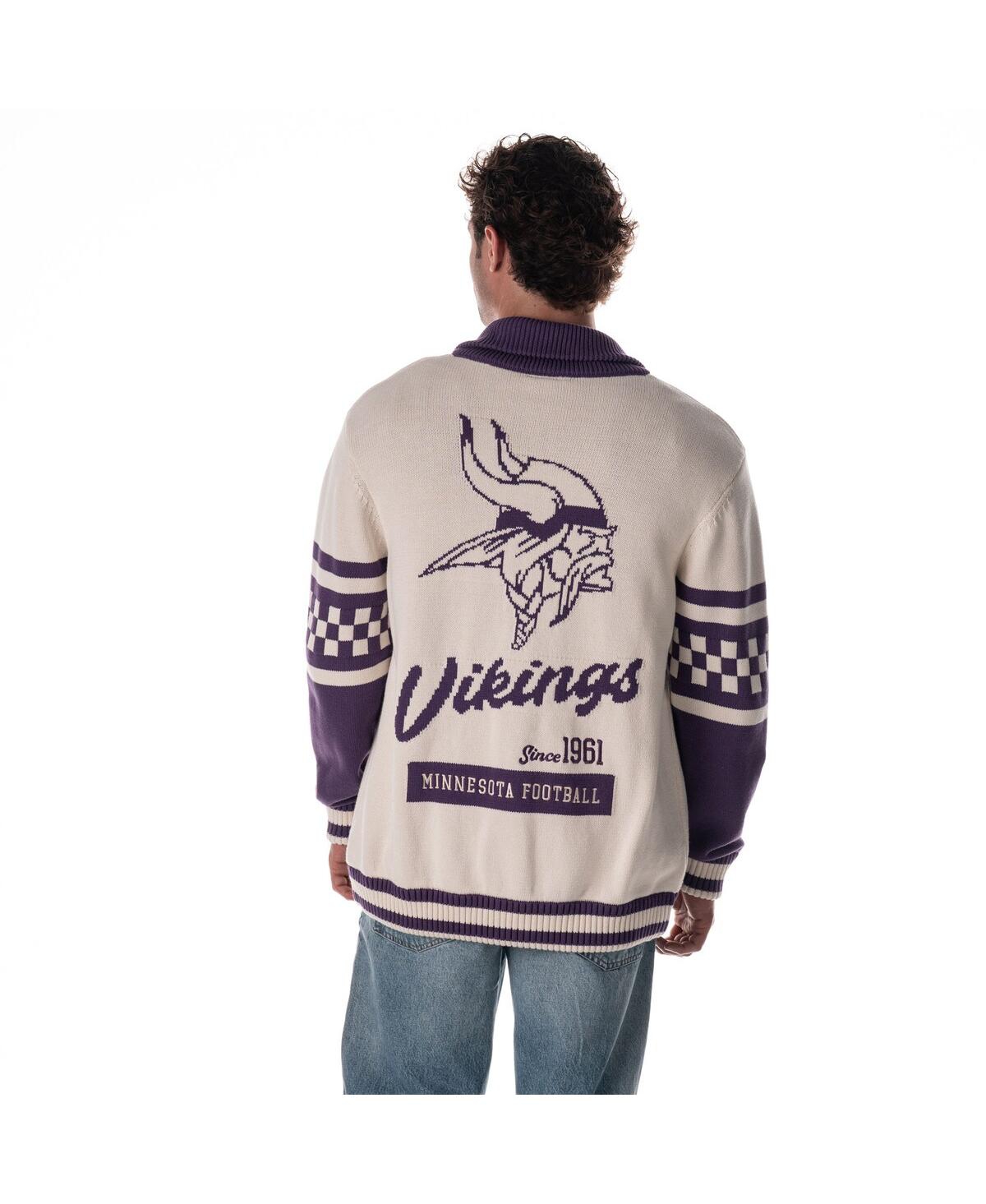 The Wild Collective Men's And Women's Cream Minnesota Vikings Jacquard Rolled Collar Button-up Cardigan Sweater In White