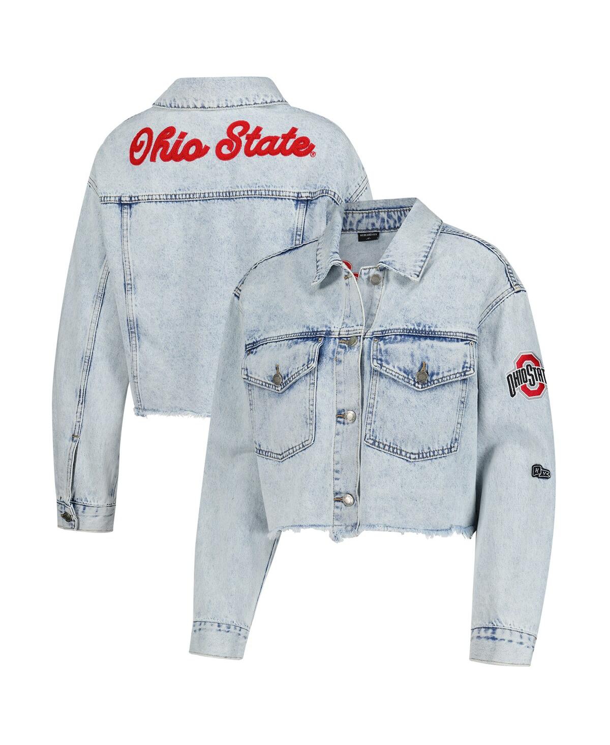 Hype And Vice Women's Denim Ohio State Buckeyes Lightwash Cropped Button-up Jean Jacket In Blue