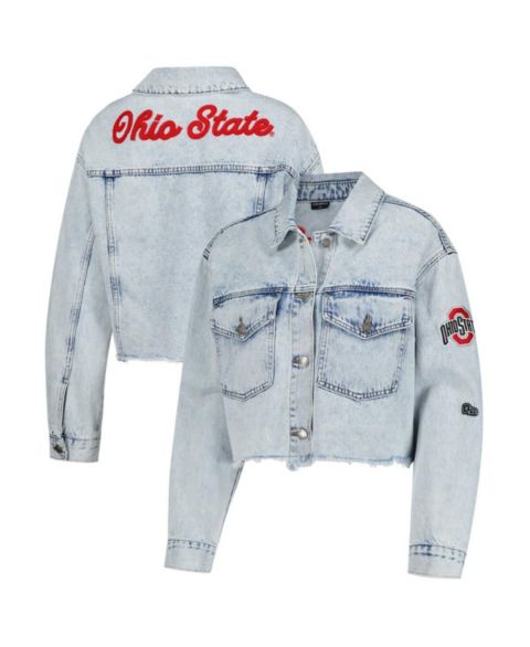 Женские куртки Hype And Vice Women's Denim Ohio State Buckeyes Light Wash Cropped Button-Up Jean Jacket