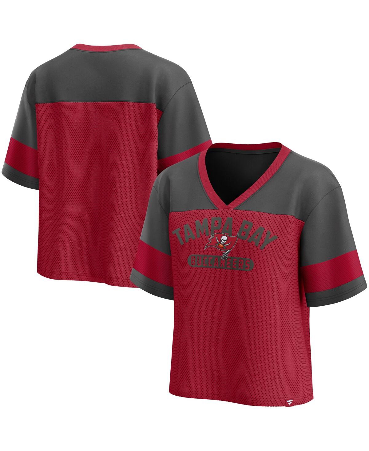 Fanatics Women's Red/Pewter Tampa Bay Buccaneers Home school Jersey Poly V-Neck Fashion Top - Red, Pewter