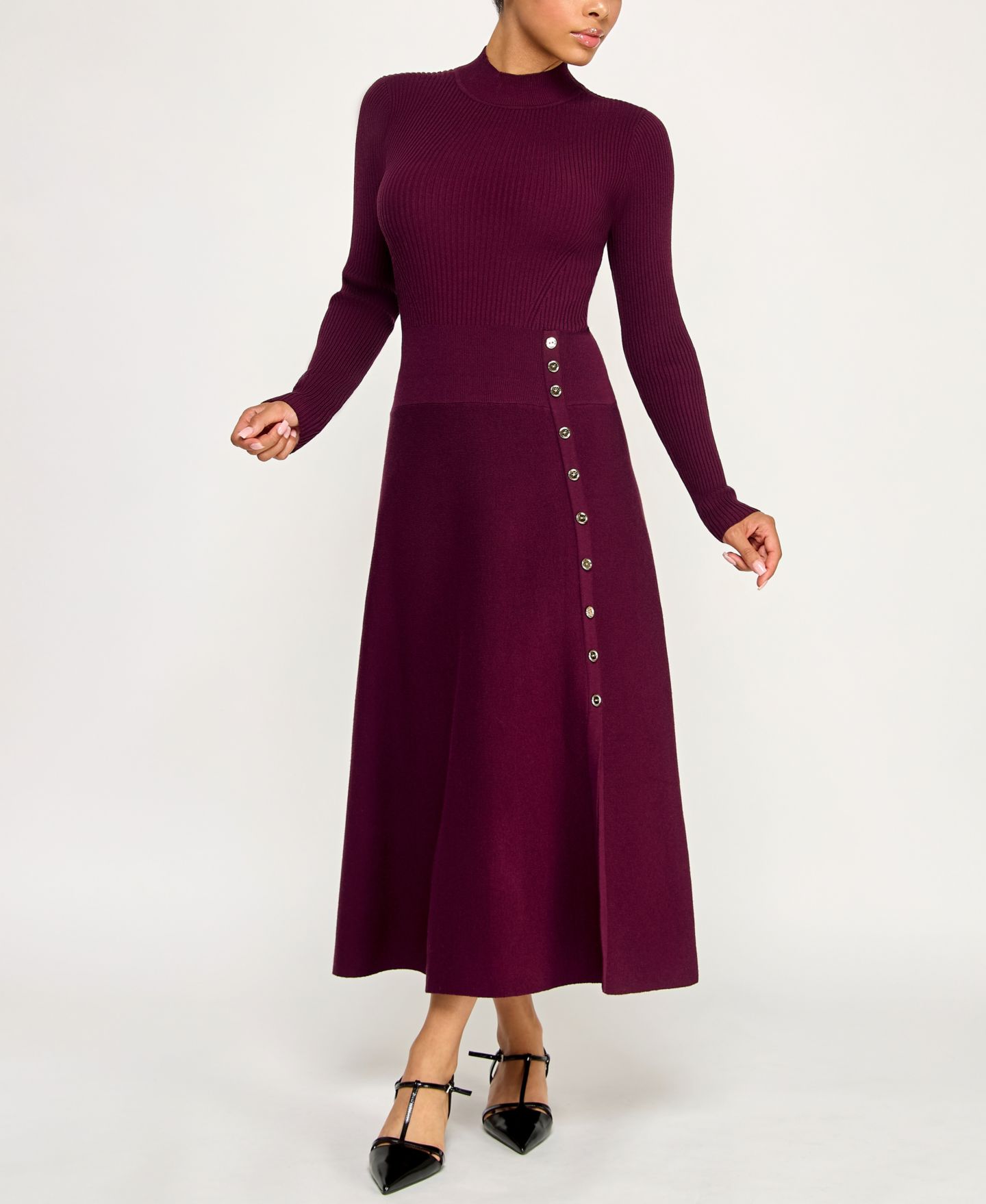 Женское платье INVITEE Juniors' Mini Buttons A-Line Sweater Dress, цвет: Сливовый — фото 3