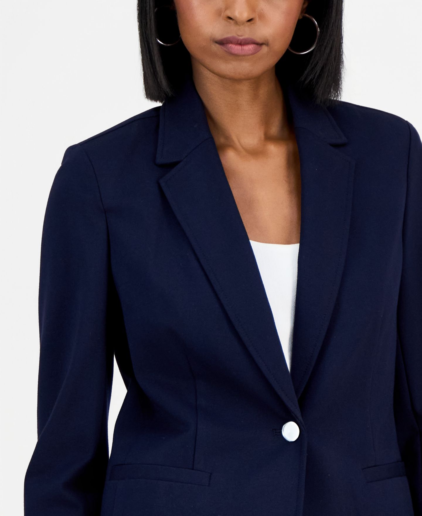 Женский пиджак Bar III Compression Notch-Collar Single Button Blazer, цвет: Тёмно-синий — фото 2