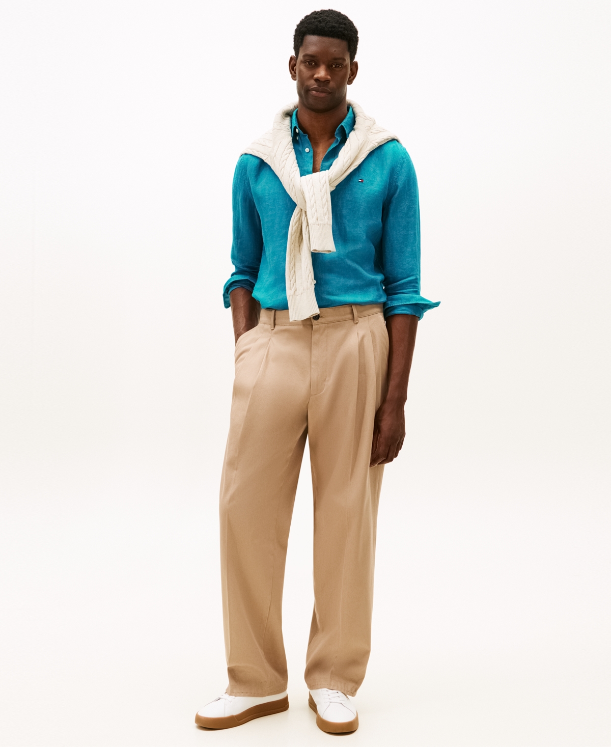 Tommy Hilfiger Men's Pigment-dyed Linen Button-down Long Sleeve Shirt In Blue