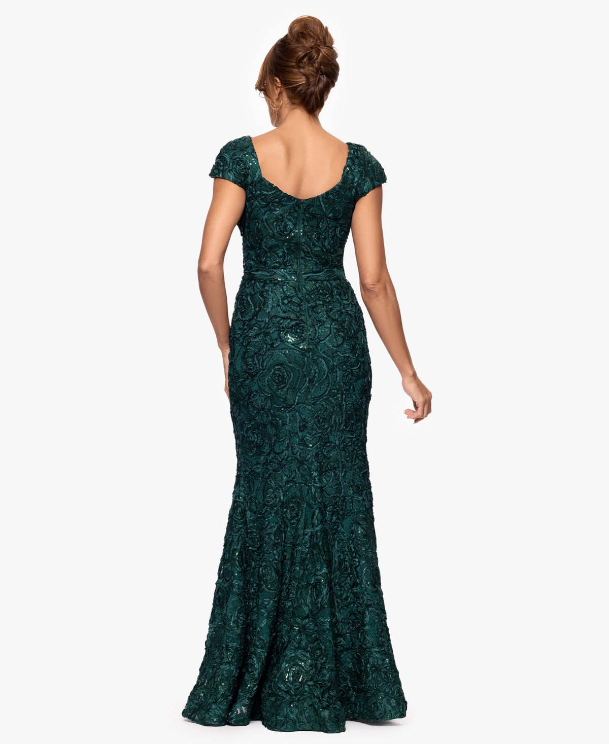 Xscape Petite Long Lace Asymmetrical Neck Dress In Green