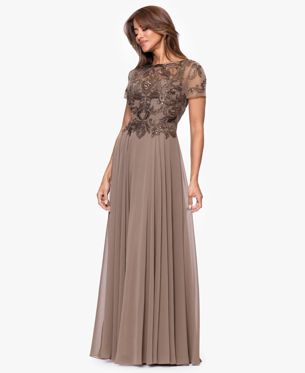 Xscape Petite Long Bead Mesh Crew Neck Dress In Brown