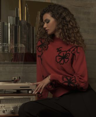 Women's Mock Neck Floral Embroidered Sweater