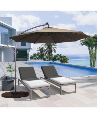 11FT Solar Offset Umbrella with 32 LED Lights Cantilever Hanging Outdoor Umbrellas Handy Crank & Cross Base for