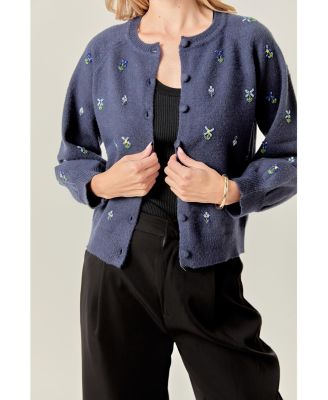 Women's Beads Floral Round Neck Cardigan