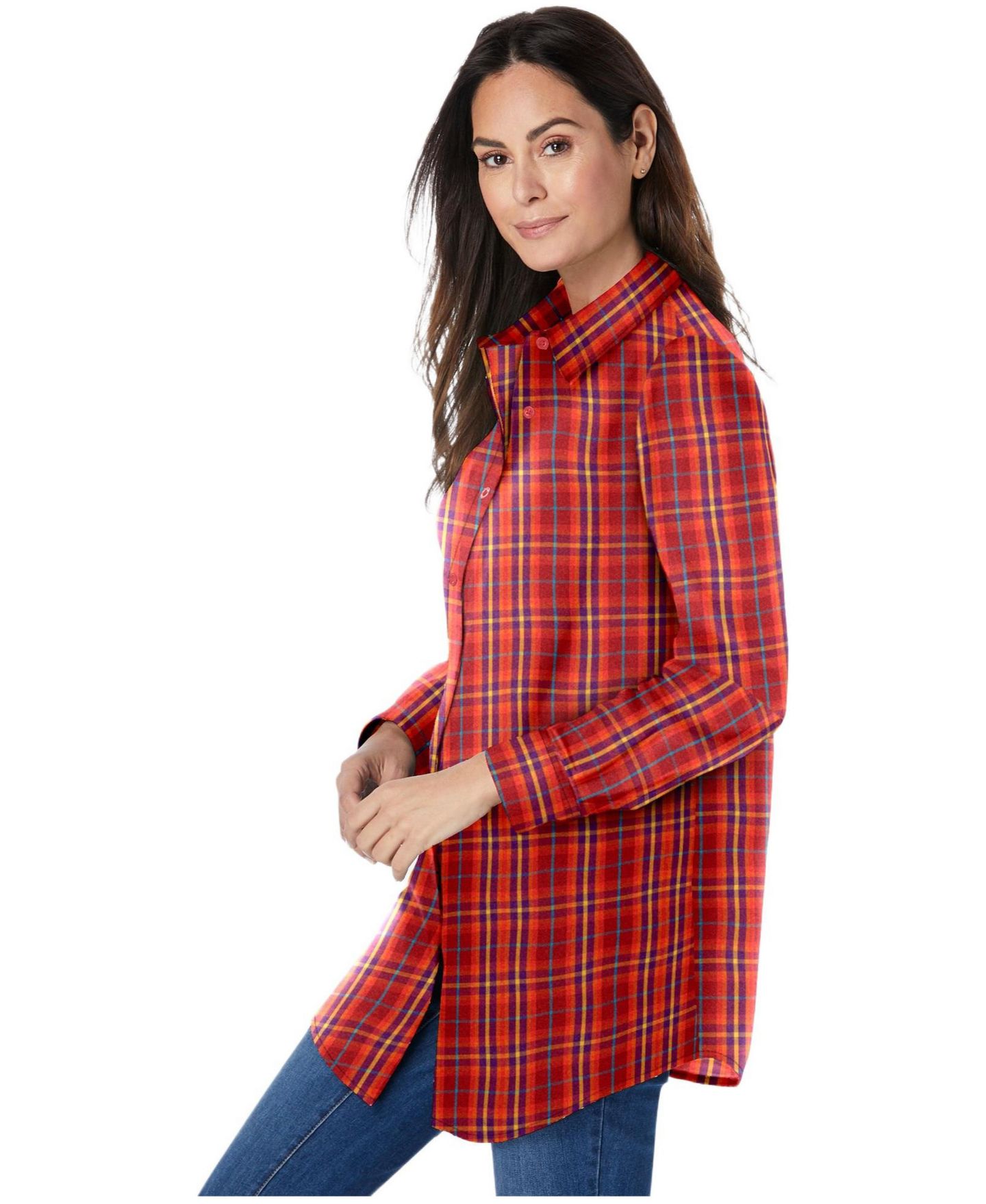 Женская рубашка Woman Within Within Perfect Long Sleeve, цвет: Красный разноцветный клетчатый — фото 4