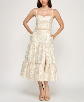 Junior's Dot Jacquard Tea Length Dress