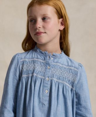 Girls' 7-16 Smocked Ruffle Trim Dress