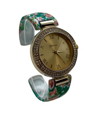 Green Floral Printed Soft Band Bangle Women Watch
