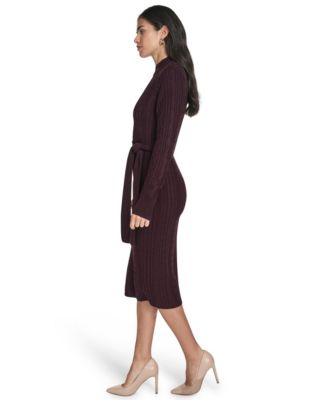 Women's Long Sleeve Mock Neck Belted Midi Sweater Dress