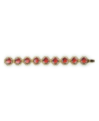 Acrylic Ruby European Floral Tapestry Antique-Like Gold-Tone Box Clasp Link Bracelet