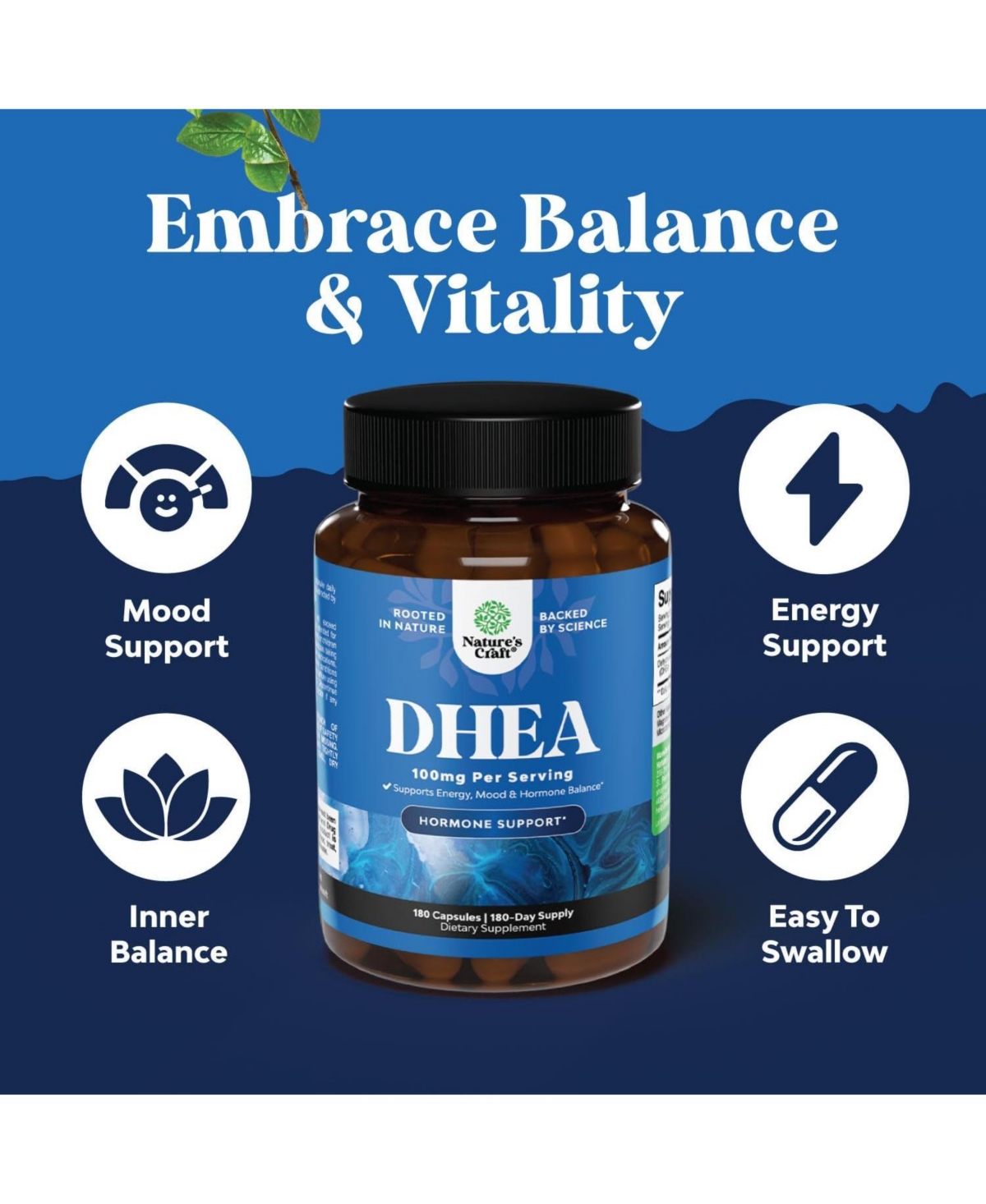 Nature's Craft Dhea 100mg for Men and Women | High Strength Supplement for Enhanced Energy and Balanced Hormone | 180ct