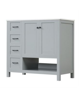 36&amp;#x22; Solid Wood and MDF Bathroom Vanity with Sink Top, Cabinet Doors, Drawers and Open Shelf