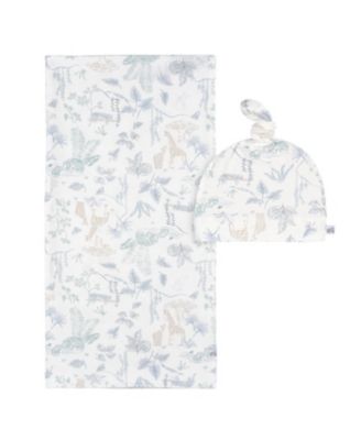 Just Born Baby 2-Piece Swaddle Blanket & Hat Set, Blue Plaid, One Size - Ivory blue palms