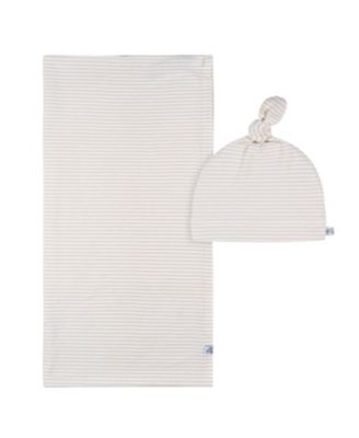 Just Born Baby 2-Piece Swaddle Blanket & Hat Set, Blue Plaid, One Size - Tan stripe