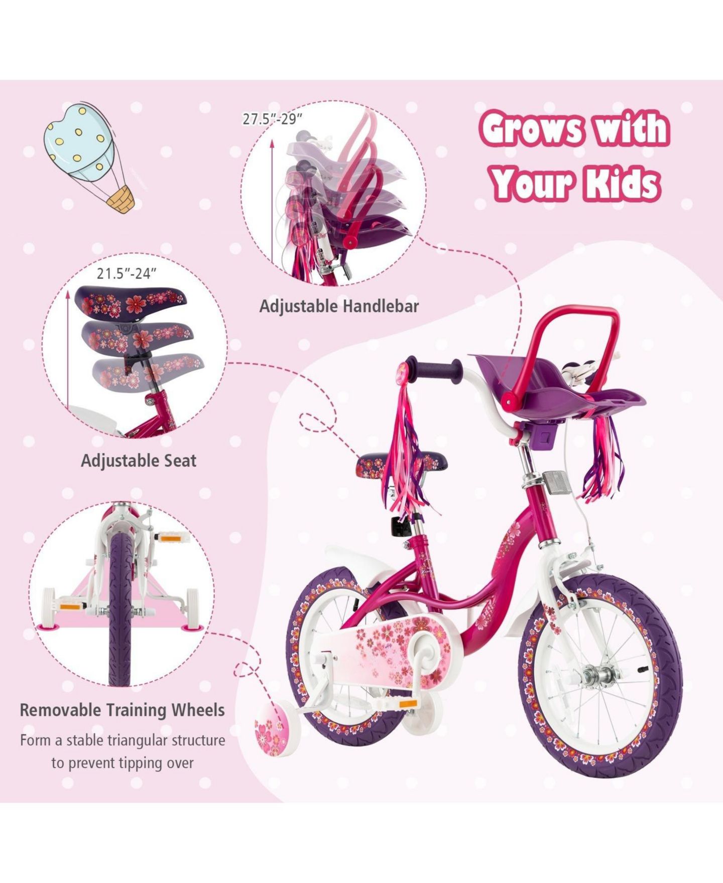 Детская игрушка HONGGE 16 Inch Kids Bike with Removable Training Wheels and Doll Seat, Ages 4-7, цвет: Розовый / Фиолетовый — фото 4