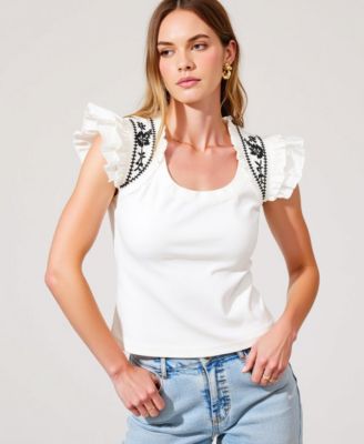Women's Ruffled Cap Sleeve Embroidered Knit Top