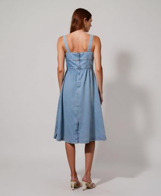 Women's Denim Square Neck Midi Dress
