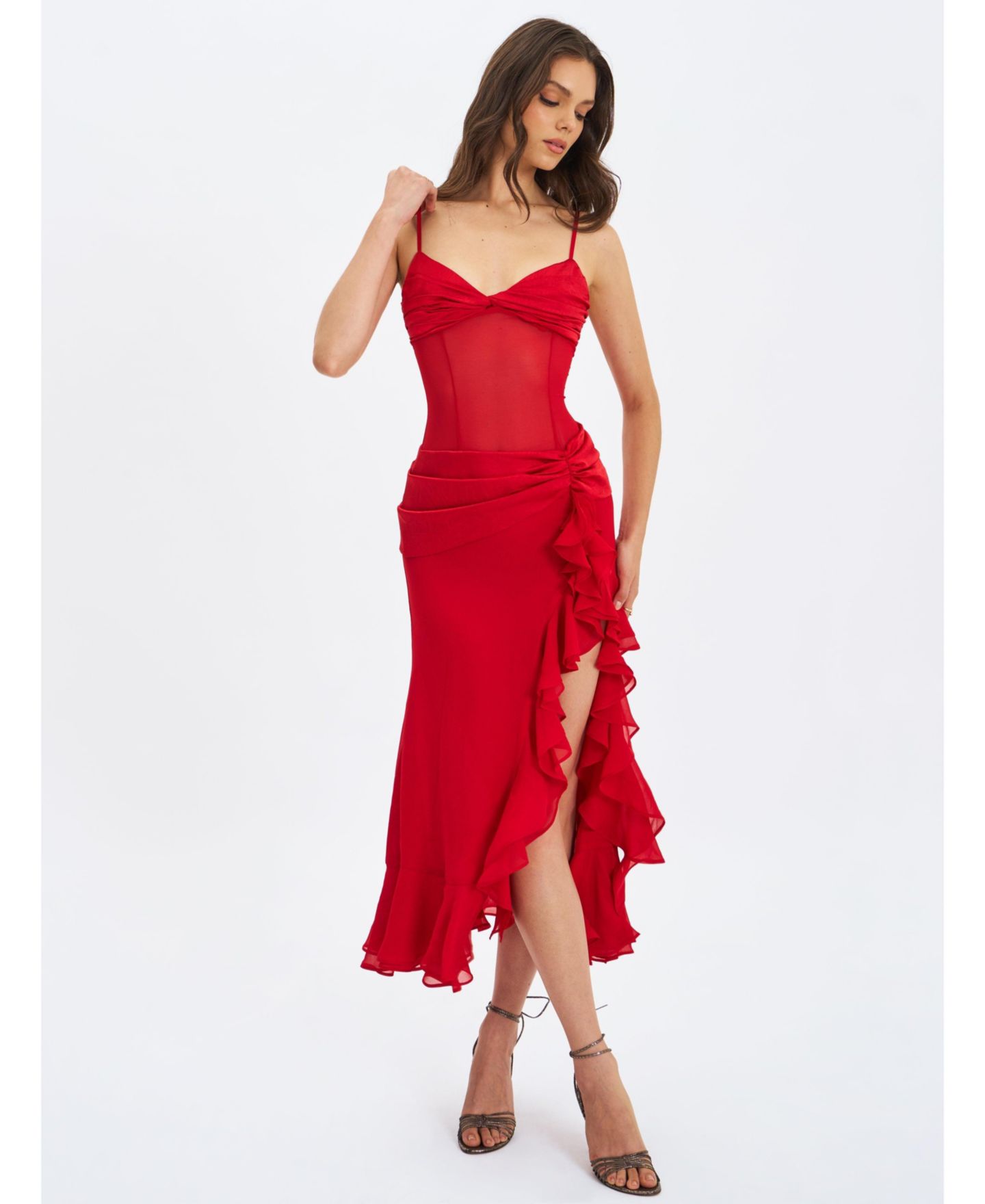 Женское платье Miss Circle Dahlina Red Ruched Waist High Slit Maxi, цвет: Красный — фото 9