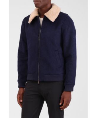Men's Wool Blend Faux Fur Collared Bomber Jacket