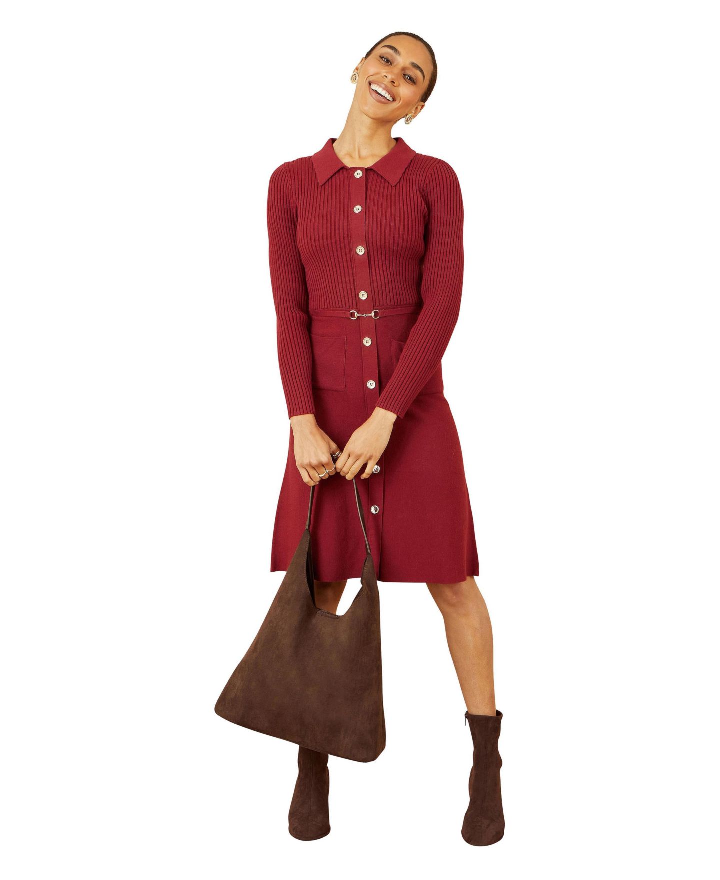 Женское платье Yumi Belted Rib Knit Midi With Pockets, цвет: Бордовый — фото 1