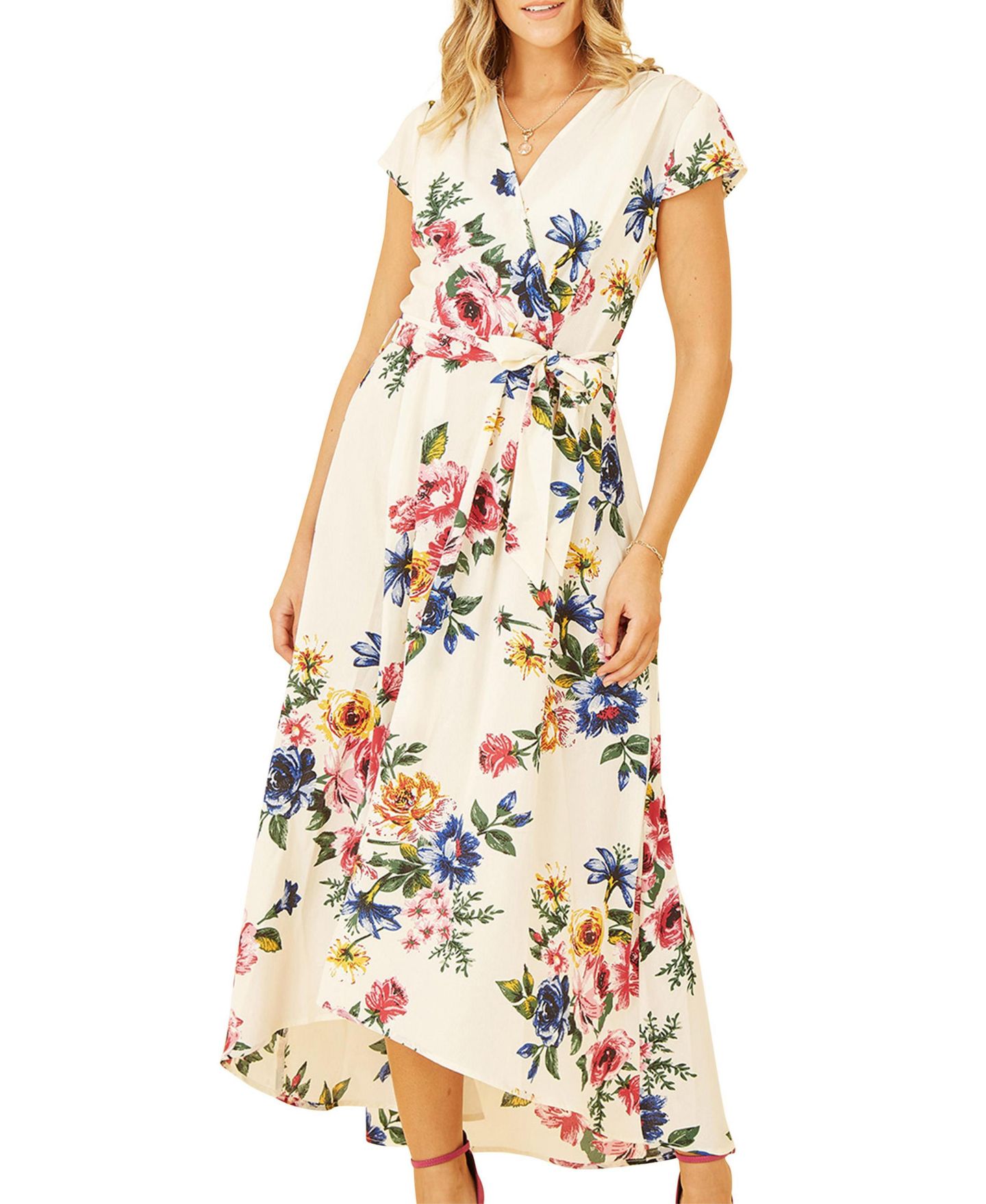 Женское платье Yumi Floral Print Dip Hem Wrap, цвет: Слоновая кость — фото 7