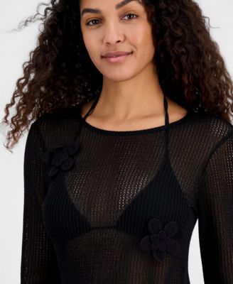 Juniors' Crochet Tie-Back Midi Cover-Up Dress