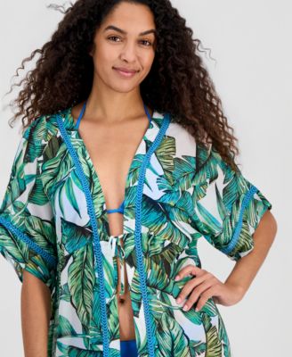 Juniors' Leaf-Trim Palm-Print Cover-Up Kimono, Macy's Exclusive