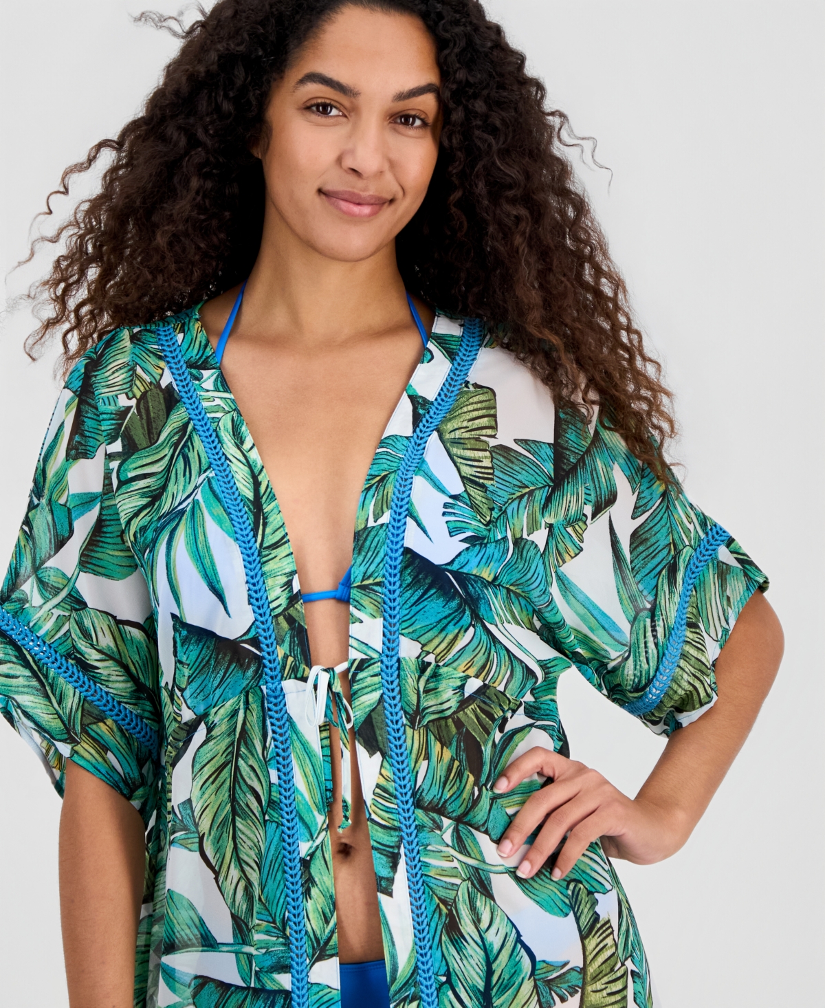 Miken Juniors' Leaf-Trim Palm-Print Cover-Up Kimono, Macy's Exclusive