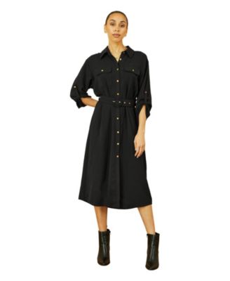 Women's 3/4 Sleeve Belted Midi Shirt Dress