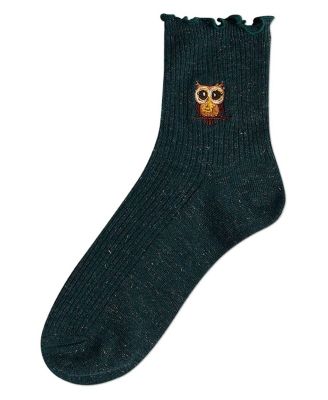 Women's Ribbed Cotton Blend Lettuce Edge Embroidered Owl Crew Sock