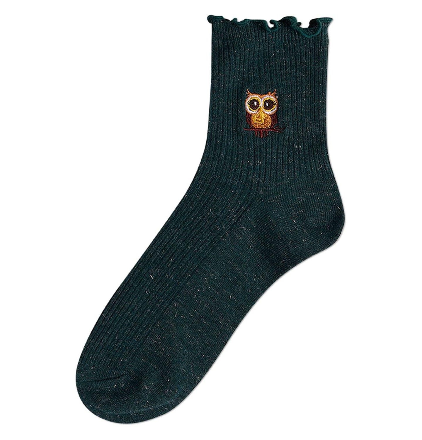 Носки Owl, вышивка, средней высоты, хлопок, в рубчик — MeMoi, цвет: Бирюзовый — фото 3
