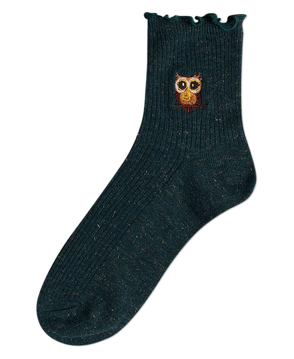 MeMoi Women's Ribbed Cotton Blend Lettuce Edge Embroidered Owl Crew Sock