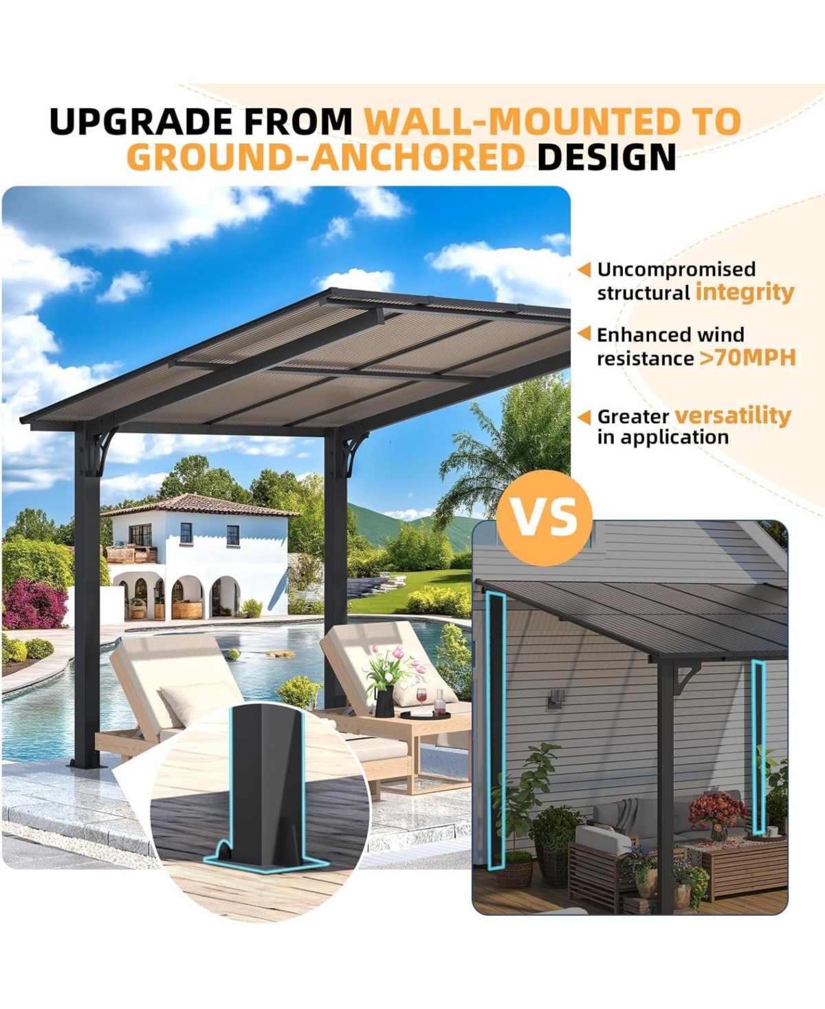 Aecojoy 8' x 8' Gazebo for Patio, Freestanding Lean to Hard Top Gazebo Carport Shelter