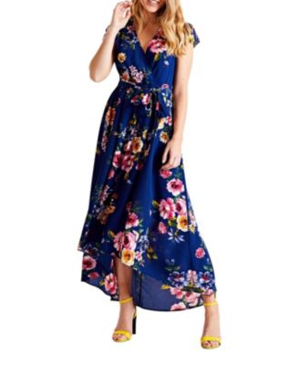 Women's Floral Print Dipped Hem Wrap Midi Dress