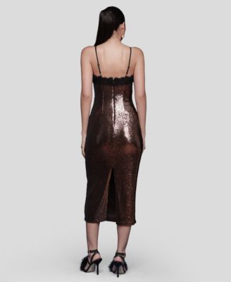 Women's Lace Trim Sequin V-Neck Midi Dress